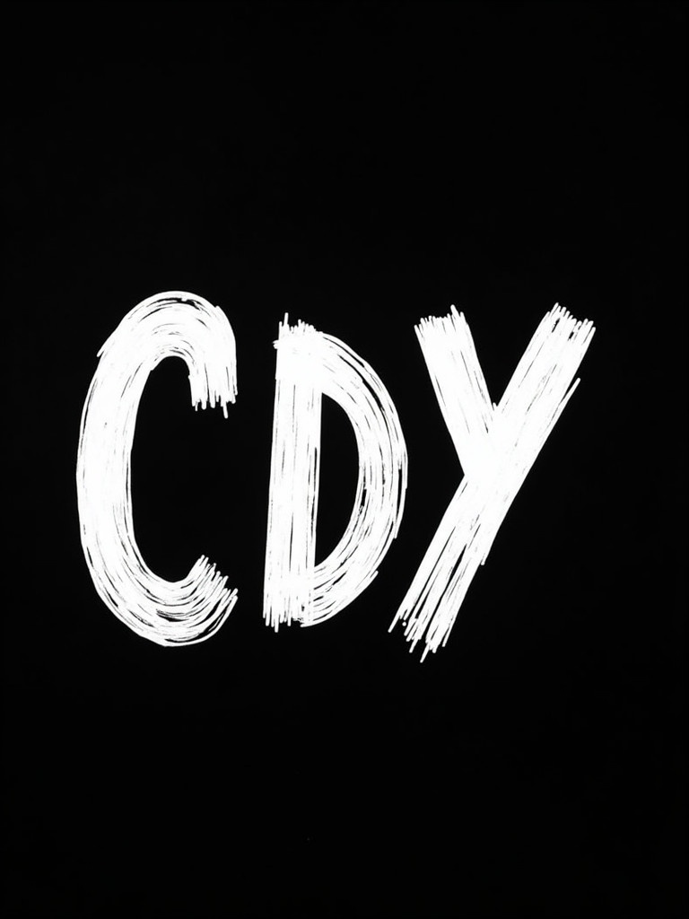 The image shows letters CDY on a black background. Letters appear hand-painted with a bold brushstroke style. White color contrasts with the dark background. Letters have rough edges and varied thickness. The composition feels artistic and energetic.