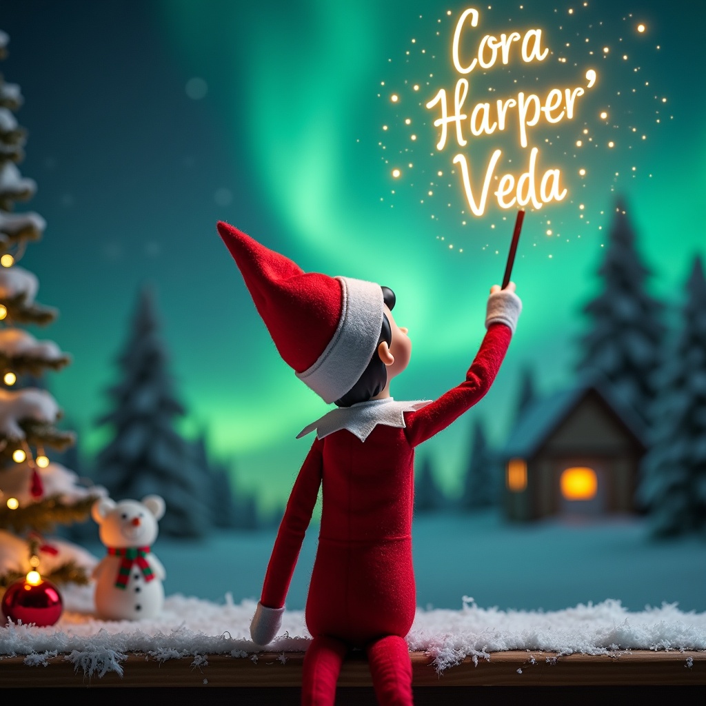 An enchanting Christmas scene featuring an elf on the shelf. The elf is dressed in red and white and is facing the sky, writing with a magic wand. Above him, glowing script spells out 'Cora', 'Harper', and 'Veda'. The backdrop is adorned with vibrant northern lights, creating a magical ambiance. A snowy landscape and soft decorations radiate the holiday spirit, encapsulating a sense of wonder and excitement that embodies the joy of the season.