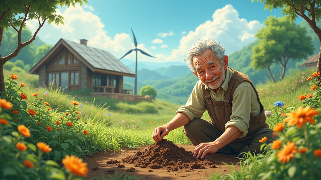 A heartwarming Solarpunk scene. An elderly farmer kneels on the ground crumbling soil between fingers. A lush, sustainable farm is in view. Eco-friendly architecture with solar panels and wind turbines is present. Vibrant flowers surround the farmer. Warm sunlight bathes the scene.