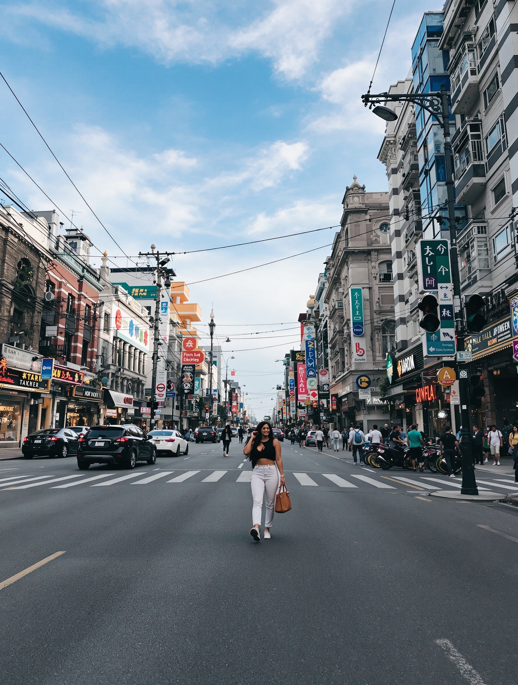 A young woman walks confidently on a busy street. Buildings line both sides. The atmosphere feels vibrant and urban. It's a bright day with a blue sky. People and vehicles fill the scene.