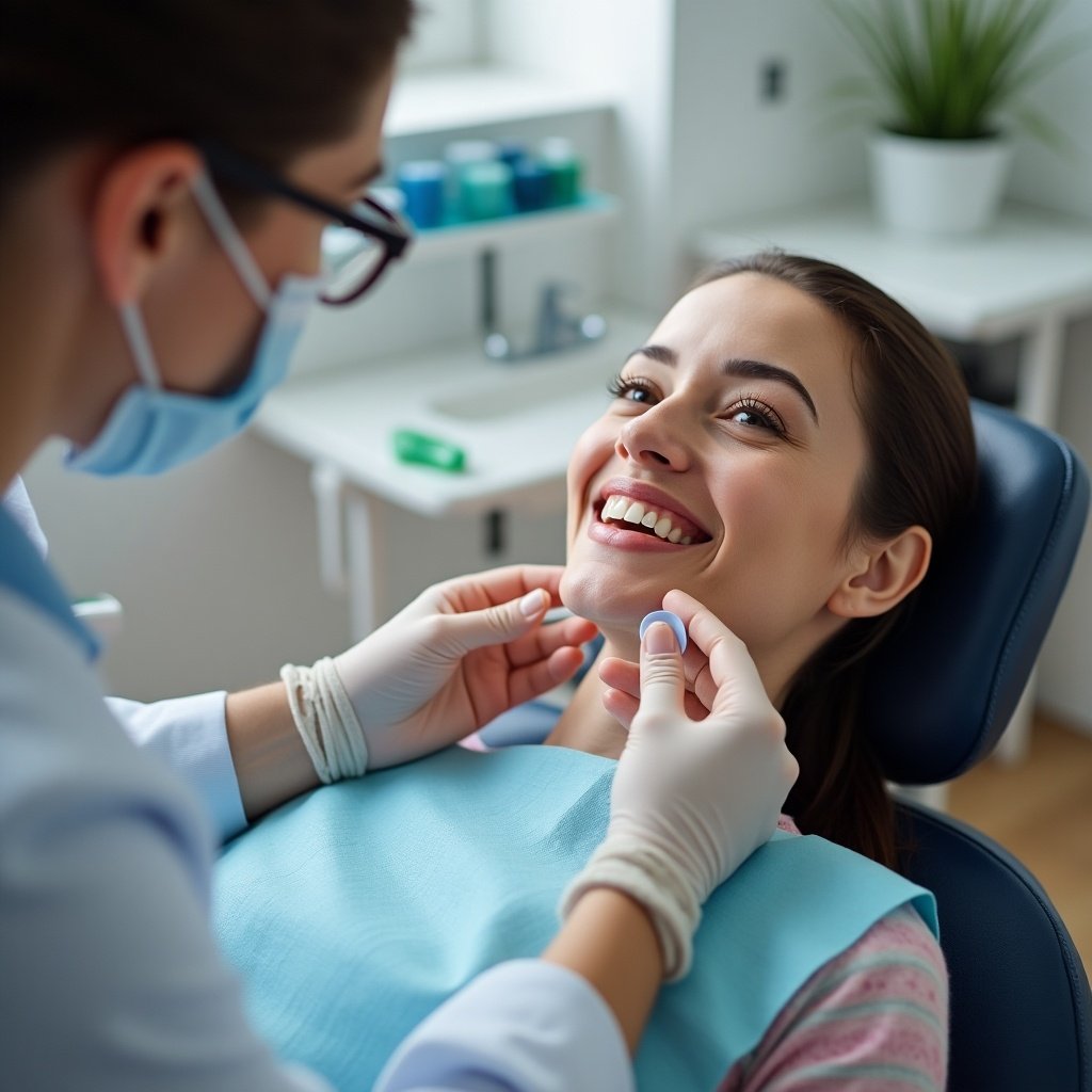 A dentist making an impression for a crown. Patient in dental chair. Healthcare setting with dental tools.