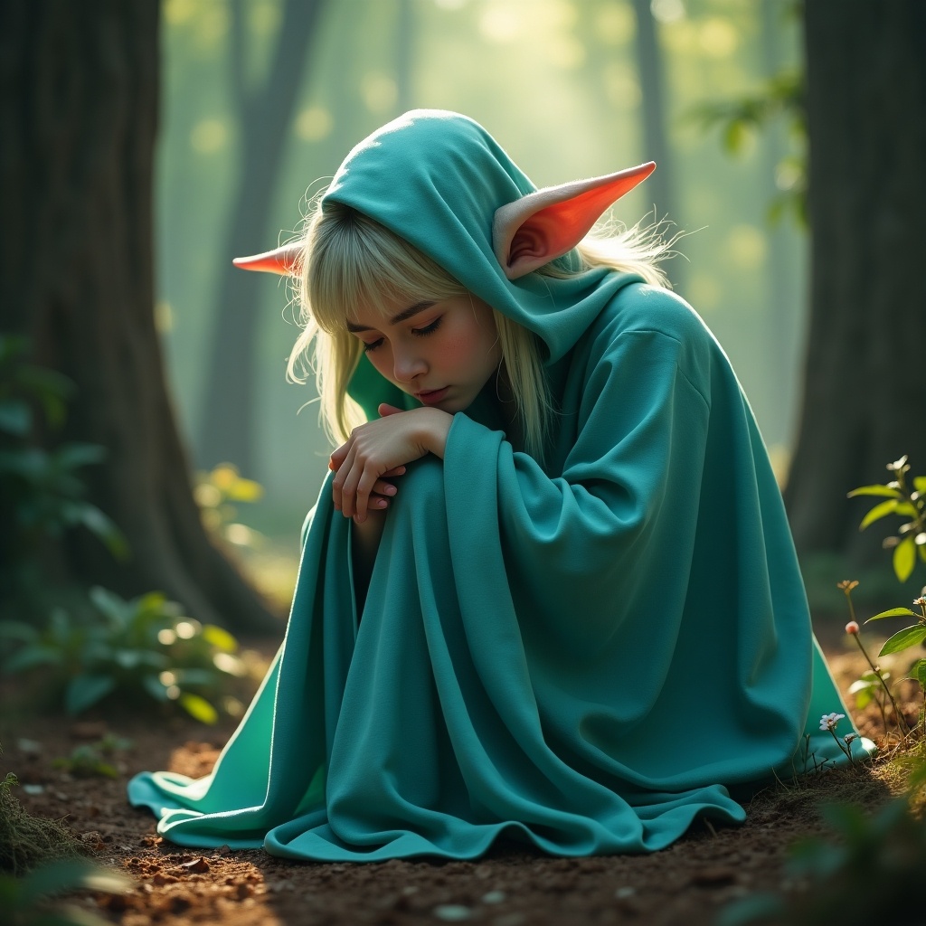 The image depicts an arcane character seated quietly in a mystical forest setting. The character is enveloped in a turquoise garment, giving off a serene and gentle aura. With unique, protruding ears, they have an ethereal appearance that complements their anxious yet empathetic demeanor. The soft lighting creates a calming atmosphere, filled with magical, warm tones. This character expresses patience and a longing for support in a tranquil, otherworldly environment.