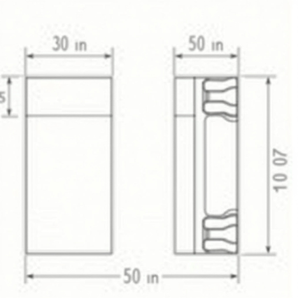 This technical drawing illustrates a rectangular section featuring notches on either side. The front view is clearly marked with dimensions height of 30 inches and a width of 50 inches, with notches measuring 10x10 inches. The top view retains the width of 50 inches while indicating the notches’ depth. The side view demonstrates a consistent height of 30 inches and a depth of 50 inches, highlighting the protruding notches. This drawing serves as a detailed guide for professionals in engineering and architecture, providing a precise representation of specifications.