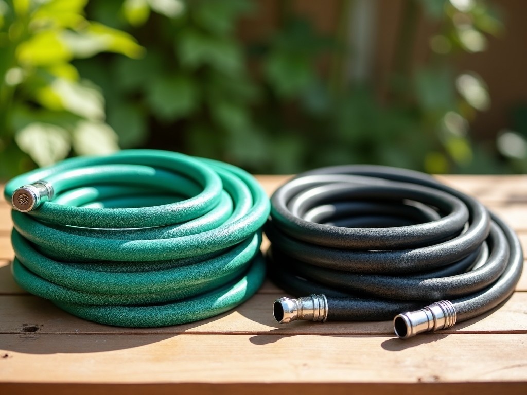 This image features two garden hoses laid side by side on a wooden surface. One hose is a vibrant green, made of vinyl, while the other is a classic black rubber hose. The background is blurred, showcasing lush green foliage, suggesting a gardening context. The sunlight casts a warm glow, highlighting the texture of both hoses. This image serves as a visual comparison of vinyl and rubber hoses, useful for gardening enthusiasts.