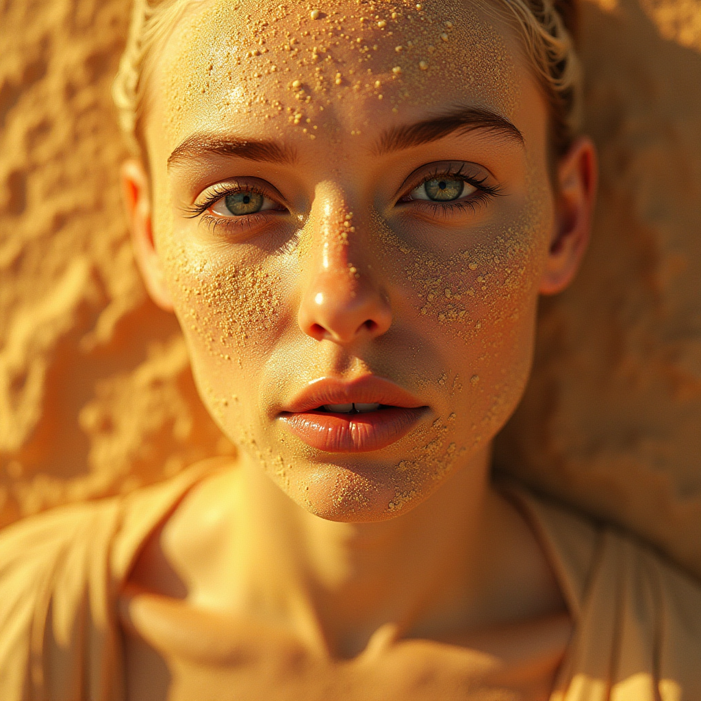 A person with sandy skin under warm sunlight.