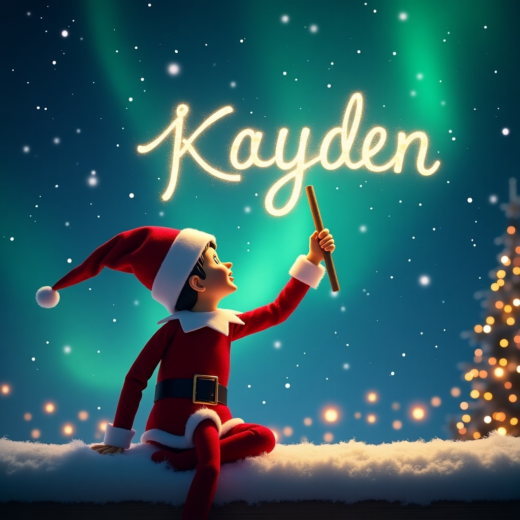 Elf on the shelf with back to the viewer. Facing the sky. Using a wand to write in the air. Background features a magical Christmas scene with northern lights. Santa present. Name Kayden written in the sky elegantly with a magic wand.