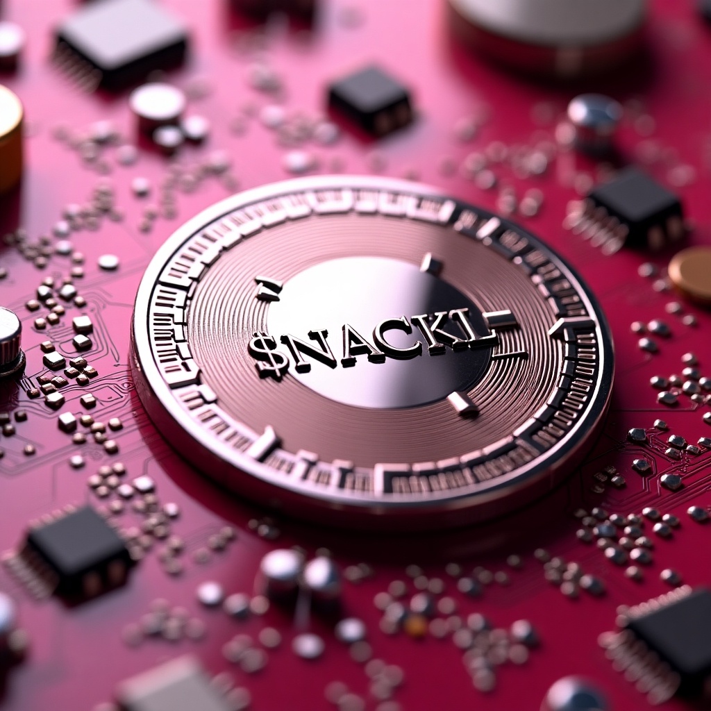 Close-up view of a digital coin on a pink motherboard. The coin features the name '$NACKL' prominently. Circuit patterns and electronic elements surround the coin.