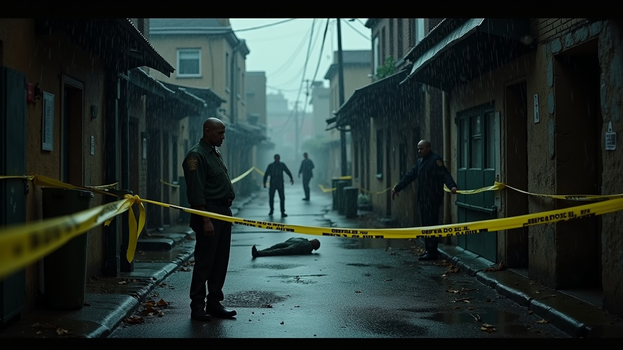 A gloomy, rain-soaked alley where police tape surrounds a dead body. A military officer stands at a distance, pale and shocked. Detectives work around the scene, indicating a serious investigation. The rain adds a layer of tragedy to the atmosphere. Overall, the setting is dark, somber, and heavy with grief, creating an intense emotional impact.