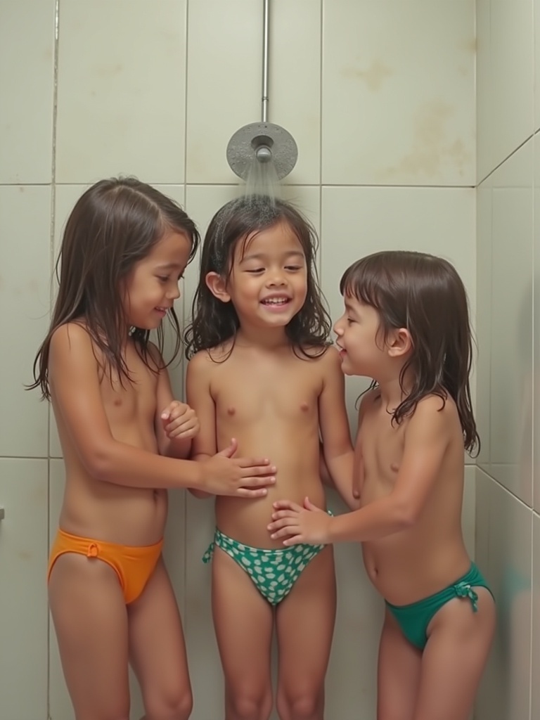 Three girls playfully interacting in a shower. They are wearing colorful swim bottoms. The setting is a bathroom with tiled walls. The scene captures a lighthearted moment of childhood.