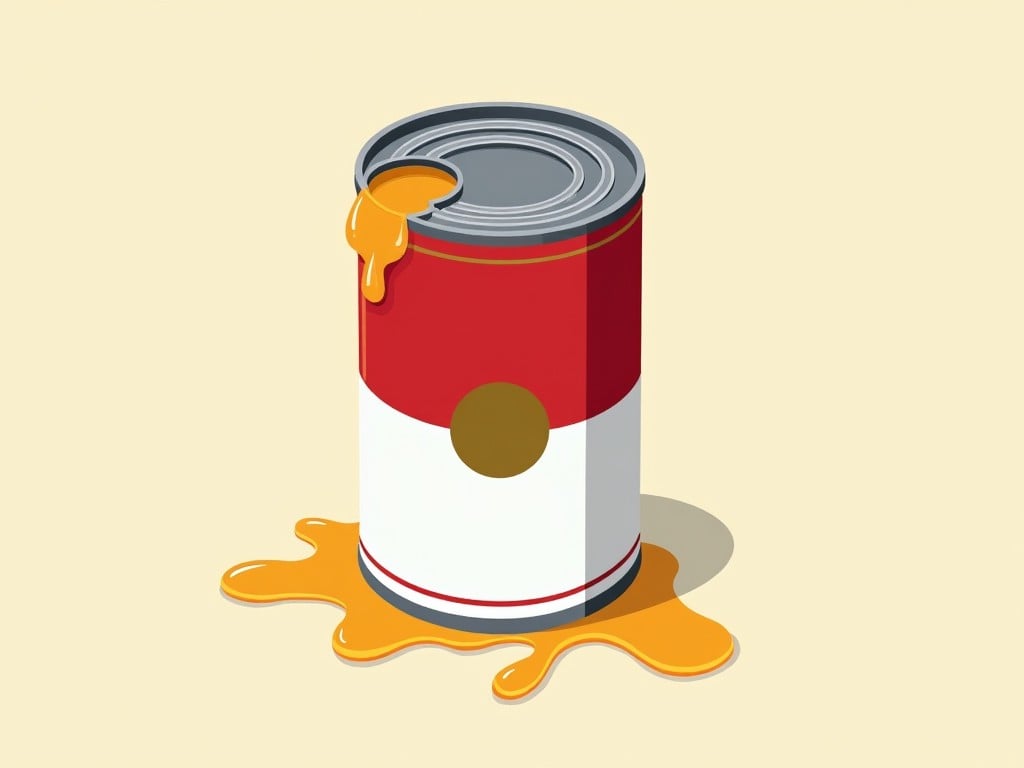 The image showcases a can with a red and white design, reminiscent of iconic pop art. The top of the can is opened, with orange paint oozing out and forming a puddle beneath. The background features a soft beige hue, creating a warm atmosphere. This artwork blurs the line between everyday objects and artistic expression. It may evoke feelings of creativity and nostalgia for art enthusiasts.