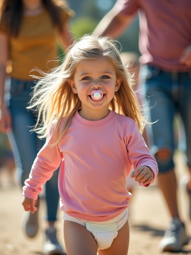 A seven-year-old girl runs energetically at the playground. The girl has long blond hair and wears a pink long sleeve t-shirt and a diaper. She is in motion with her parents in the background. The setting is lively and filled with fun. The scene captures the joy of childhood.