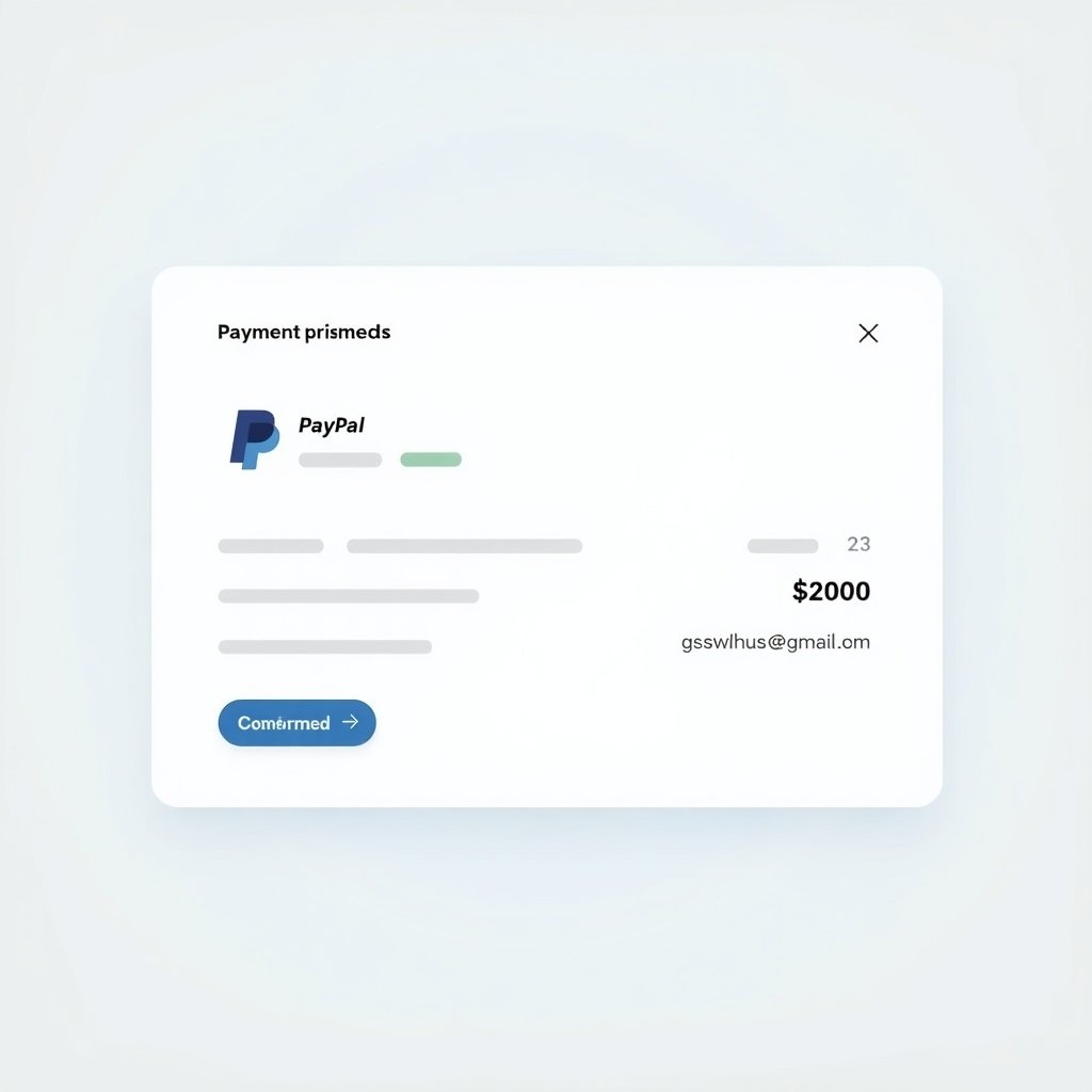 Digital screenshot representation of a PayPal payment of $2000. PayPal logo displayed. Recipient email address visible.