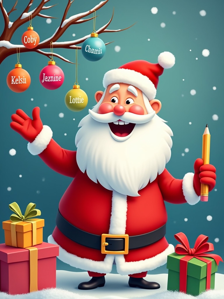 Festive scene with Santa Claus. Santa holds a pencil and smiles. Ornaments hang with names. Presents in bright colors surround him. Soft blue background with gentle snowfall. Holiday magic is in the air.