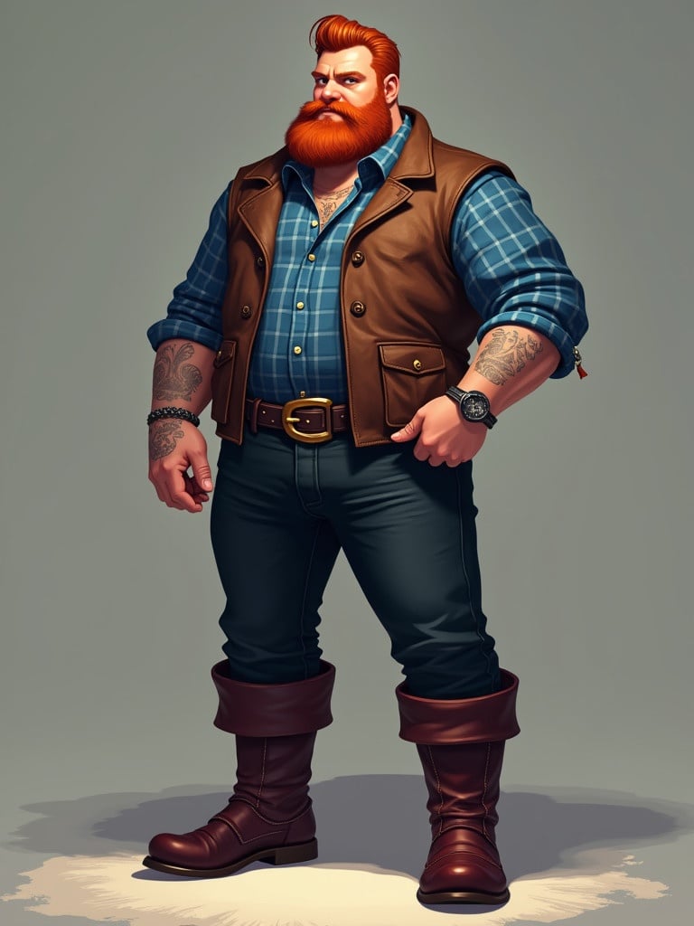 Character stands confidently. Pale skin and copper hair with beard. Dressed in a blue checkered shirt and leather vest. Wears dark black jeans and high dark red leather boots. Character shows low-poly artistic style.