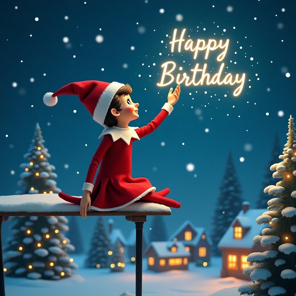 Elf on shelf writes happy birthday in the sky during snowy Christmas night. Details include Christmas trees and houses in background. Visuals depict a cheerful environment.