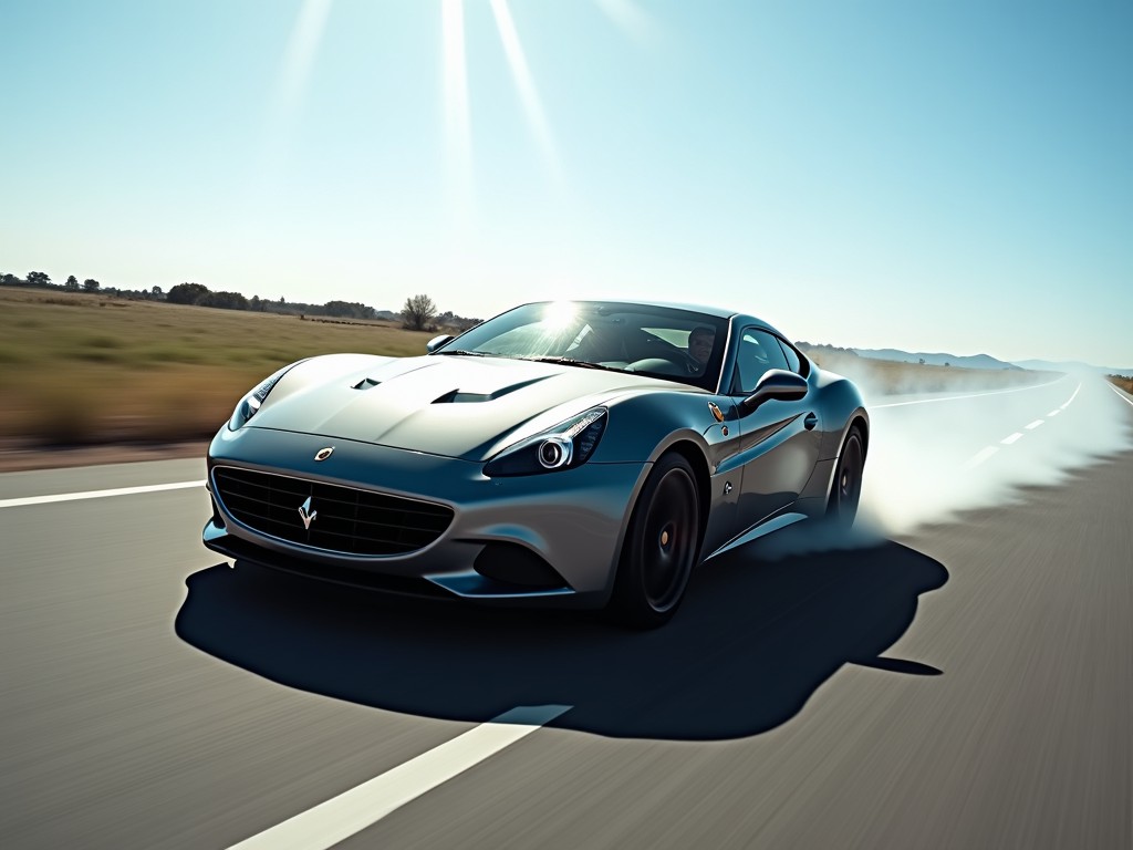 This image showcases a sleek Ferrari sports car in motion on an empty road. The car's metallic silver surface glints under the bright sunlight. In the background, a picturesque landscape rolls by, emphasizing speed and freedom. Dust kicks up from the rear tires, adding to the sense of motion. A clear blue sky fills the upper part of the image, creating a vibrant atmosphere. This scene encapsulates the thrill of driving a luxury vehicle on an open road.