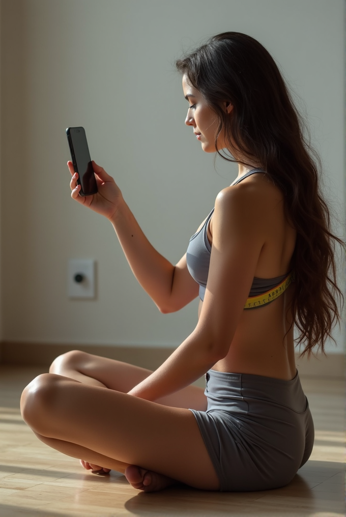 A woman in athletic wear sits cross-legged on the floor, holding a smartphone.