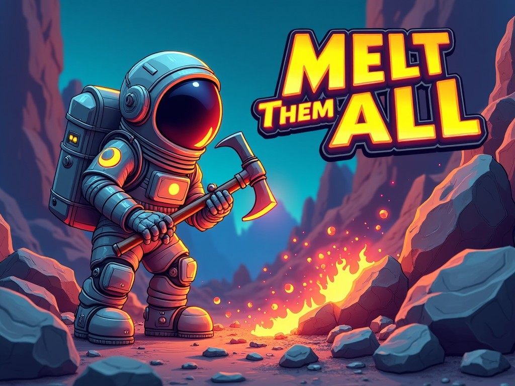 astronaut in a canyon with a glowing pickaxe and text saying 'MELT THEM ALL'.