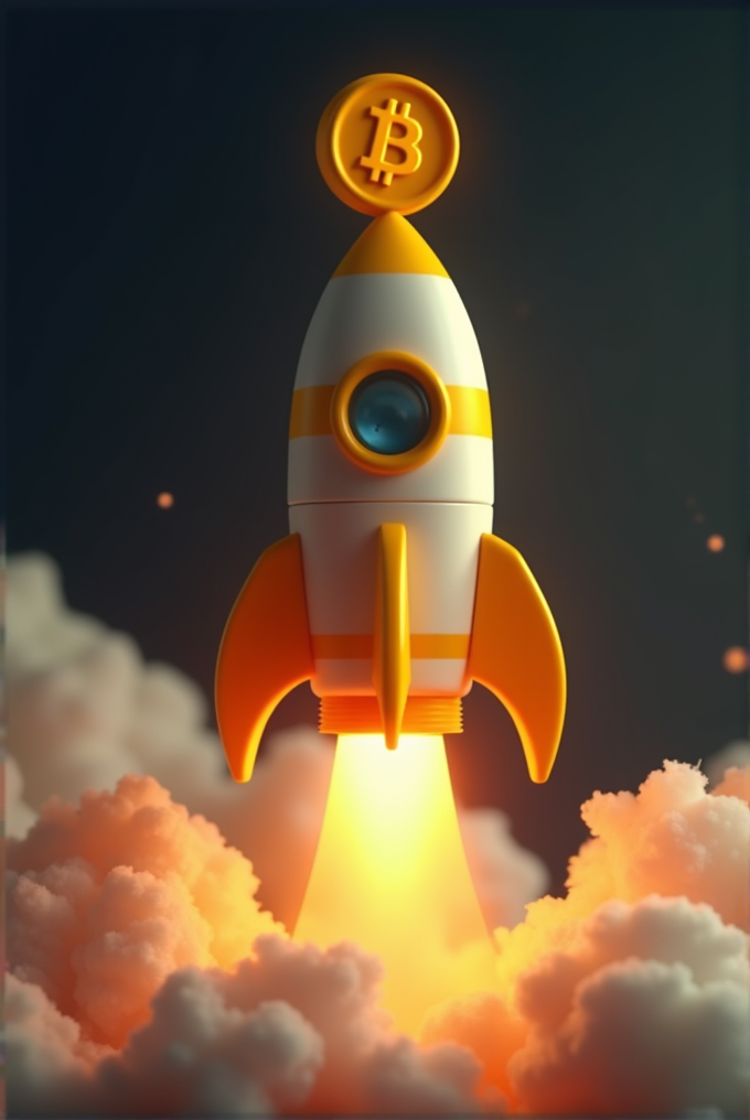 A rocket with the Bitcoin symbol lifts off surrounded by clouds and flames.