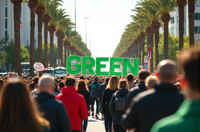 A crowd gathers on a palm tree-lined street carrying a large green sign that reads 'GREEN.'