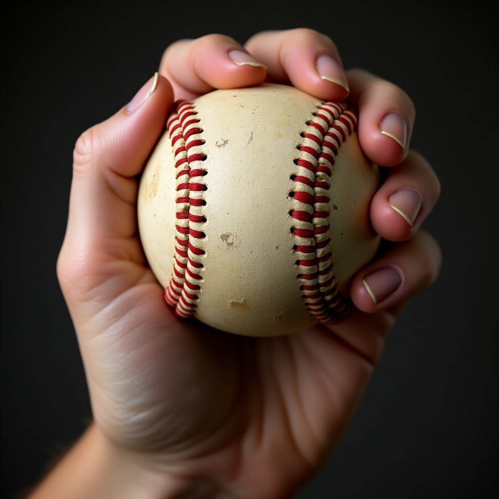 Hand gripping a worn baseball in preparation for a pitch.