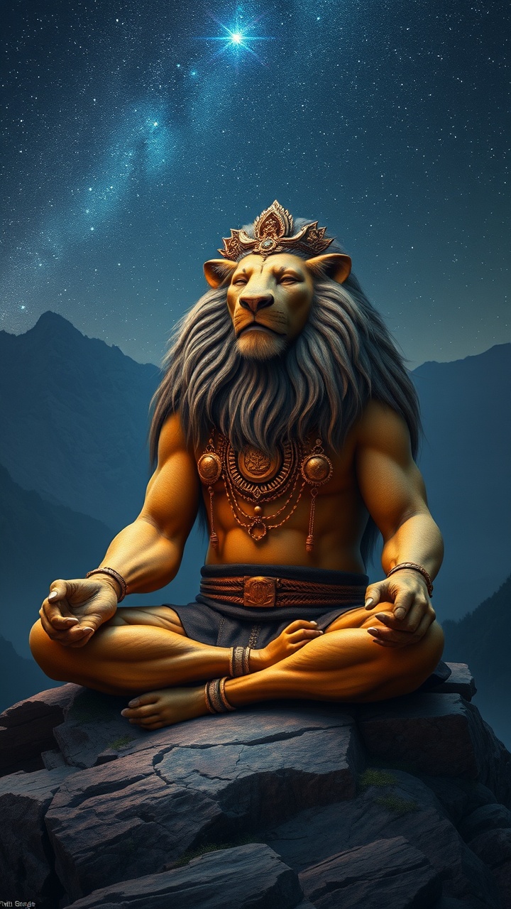 A majestic anthropomorphic lion sits in a meditative pose atop a rocky plateau. Adorned with intricate jewelry and a regal crown, the lion embraces a serene expression under a starlit night sky. This surreal digital artwork blends the majesty of the lion with elements of spiritual calmness and cosmic scenery.