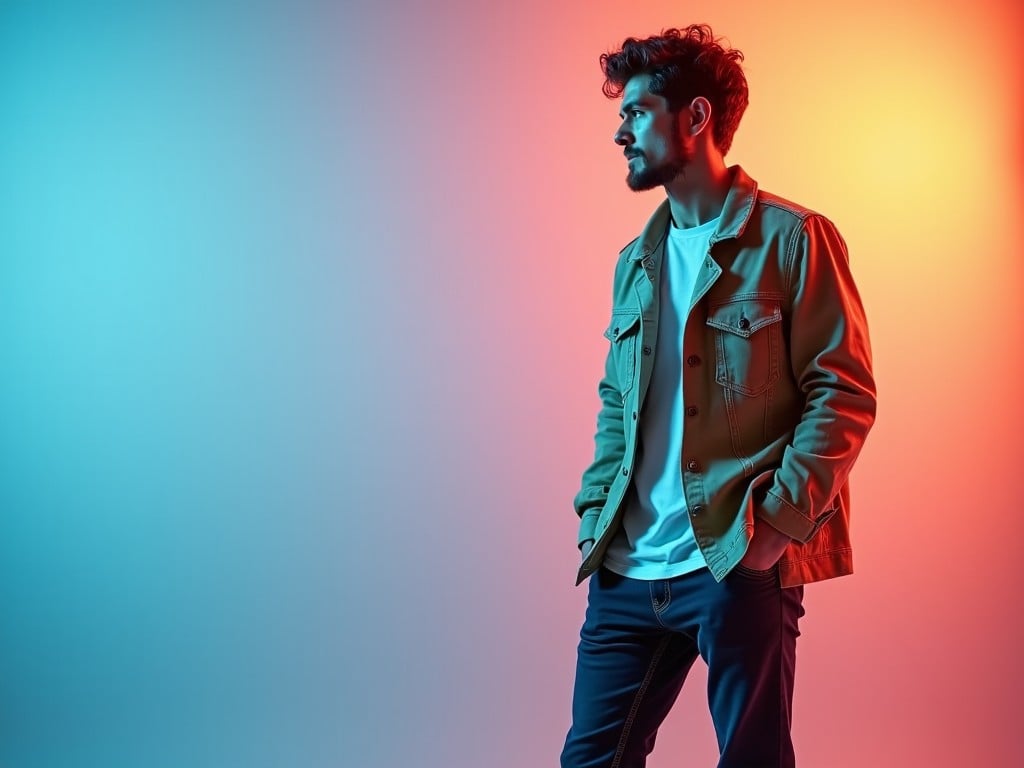 This image features a young man with short, wavy hair, dressed in a stylish tan jacket over a white T-shirt and dark jeans. He stands confidently, with one hand in his pocket, against a backdrop of soft gradient lighting blending blue and orange hues. The atmosphere is modern and artistic, suggesting a trendsetting vibe. The lighting highlights his features and adds depth to the image, creating a captivating visual appeal. This portrait could be used in fashion marketing or as a representation of current style trends.