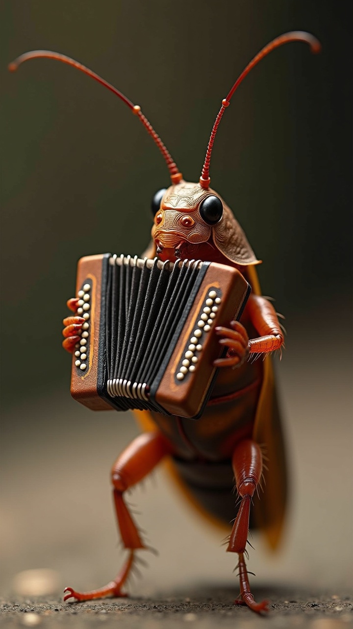 A whimsical image of a cricket playing an accordion.