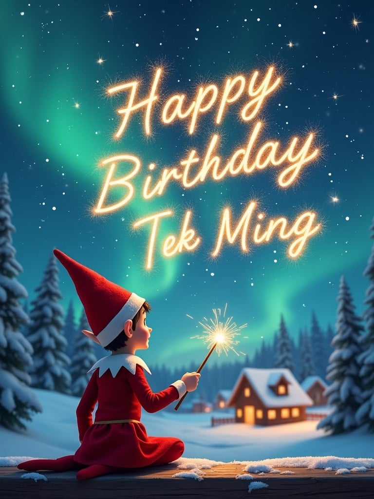 An elf sits on a wooden ledge and gazes at a magical sky. The elf wears a red outfit with a pointed hat. The elf holds a sparkling wand. The elf writes the name 'Happy Birthday Tek Ming' with sparkler script. The background features a snowy landscape with charming houses and evergreen trees. The Northern Lights shimmer in the sky. This scene captures childhood magic and Christmas cheer.