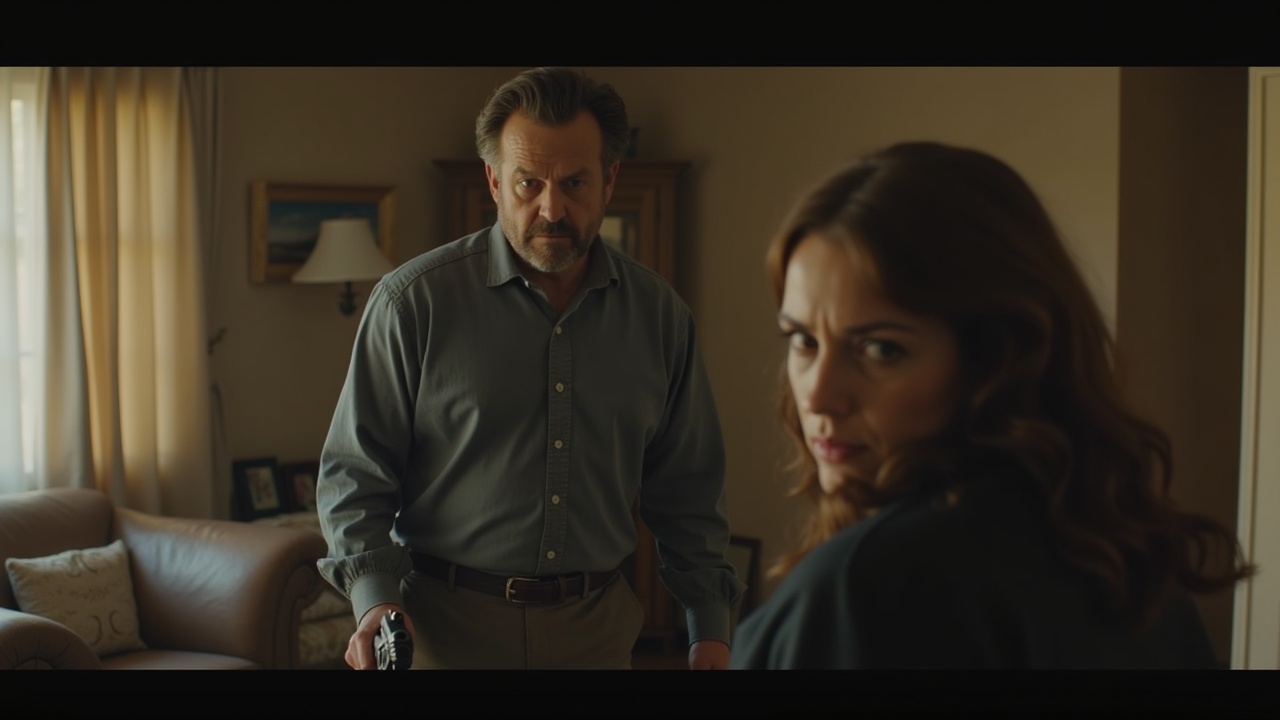 The image depicts a tense living room scene between a husband and wife. The husband is pacing back and forth, his face contorted with rage yet hinting at deep inner despair. In his hand, he holds a gun, which adds an intense layer to the moment. Meanwhile, the wife stands frozen in a defensive posture near the wall, her expression revealing shock and fear. The warm tones of the living room contrast with the emotional turmoil, creating a compelling narrative moment.