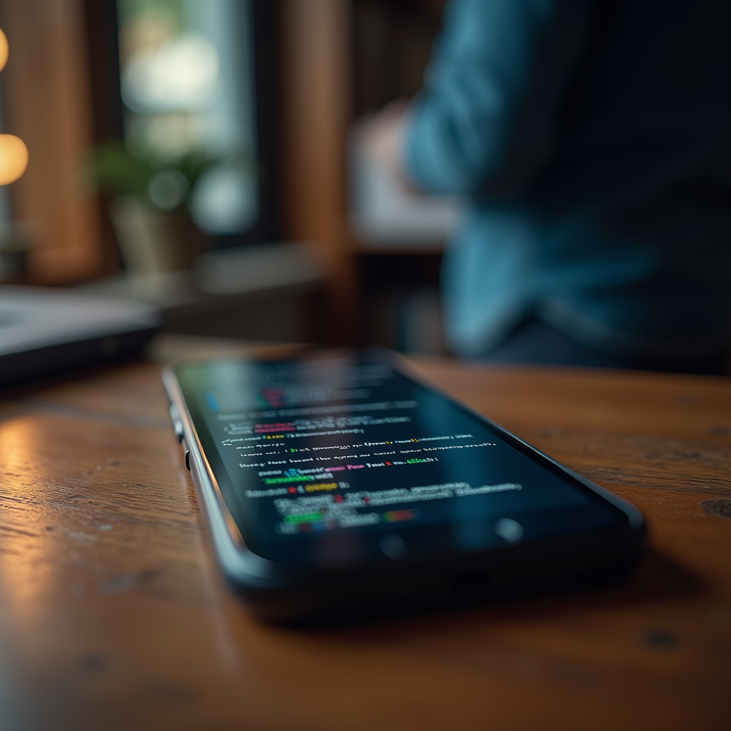 A smartphone displaying code rests on a wooden table, with a blurred figure in the background.