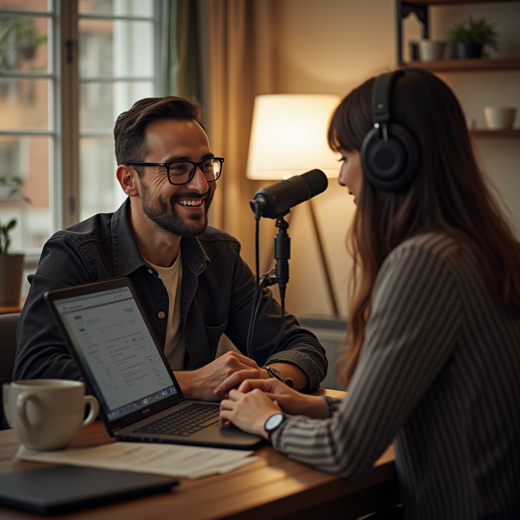 A man and woman engage in a lively podcast discussion at a cozy, well-lit table.