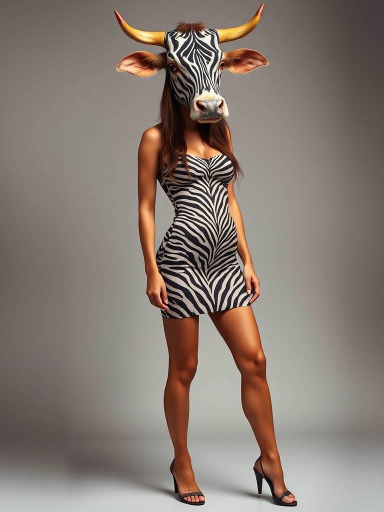 In this surreal and captivating image, a person stands confidently wearing a zebra-patterned dress and black high heels. The most striking aspect is their head, which is creatively replaced with that of a cow with pronounced horns, adding an intriguing and whimsical twist to the visual. The background is neutral, allowing the zebra stripes and vivid cow features to stand out dramatically.