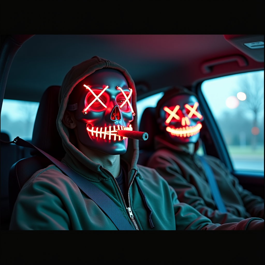 Two people wearing glowing neon masks sit in a dimly lit car, exuding an eerie atmosphere.