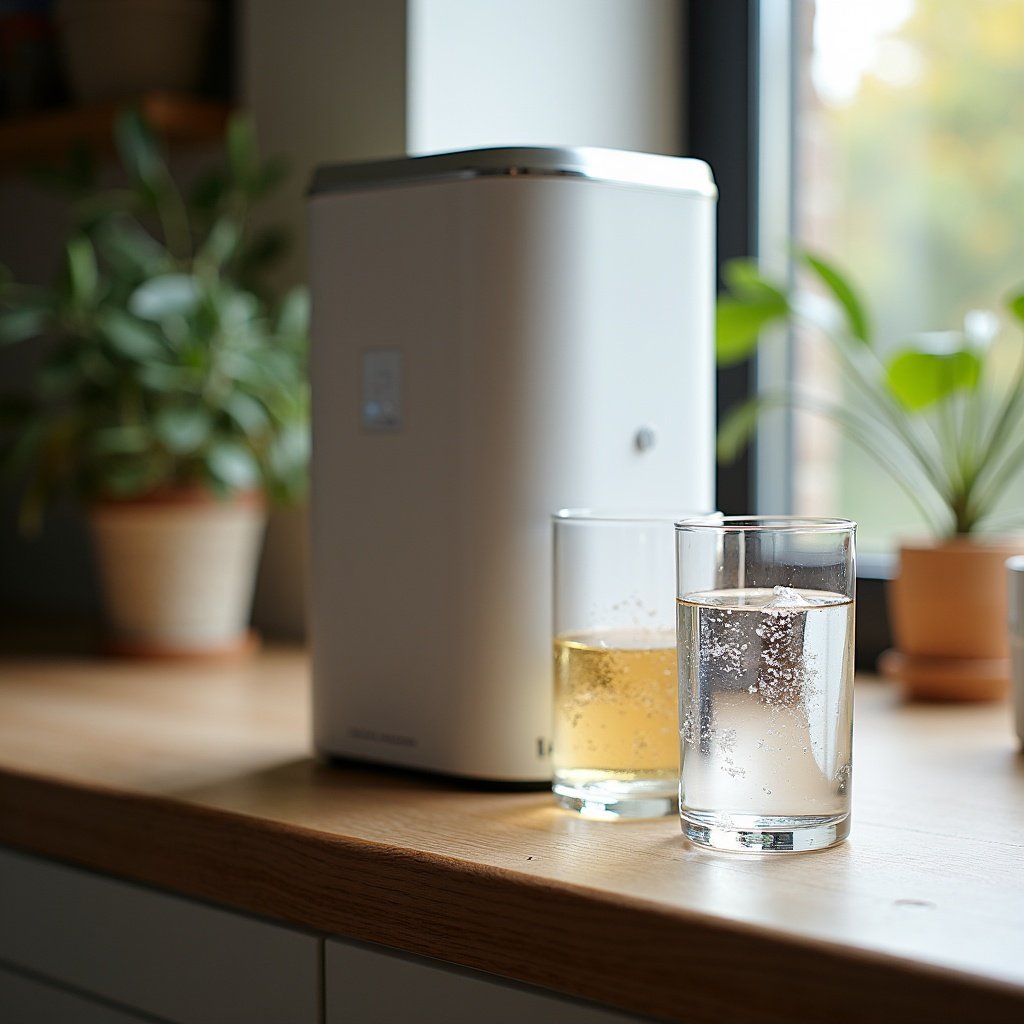 Glasses of warm water generator in kitchen. Glasses filled with water on countertop. Indoor plants nearby. Modern appliance in background.