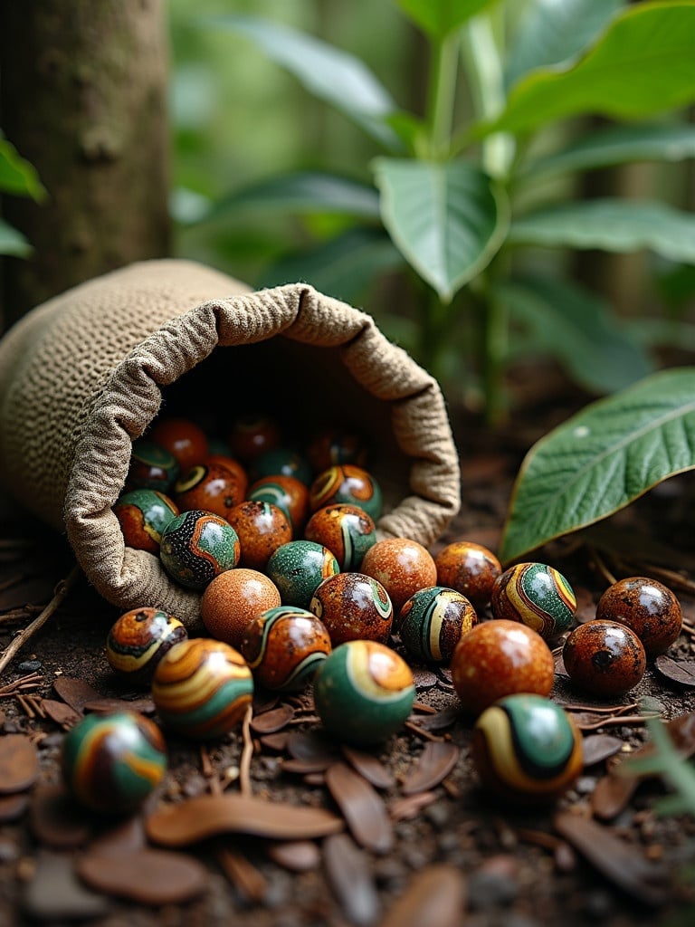 A collection of round marbles made from snakeskin and exotic wood inlays spills from a worn sack. The scene embodies a lush, forest floor typical of the Amazon jungle.