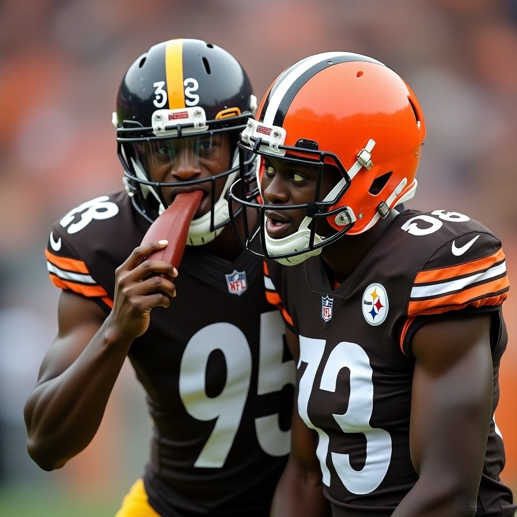 Steelers player humorously interacting with Browns helmet on the field during an NFL game.