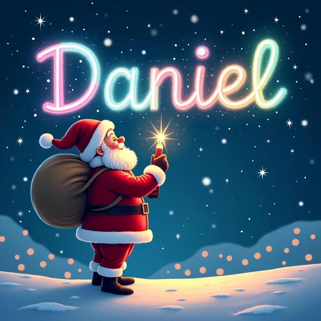 Beautiful Christmas scene featuring Santa Claus writing the name 'Daniel' in colorful letters in the night sky. Santa holds a glowing pen and looks up admiringly at the letters. Snow covers the ground, and there's a magical atmosphere with twinkling stars.