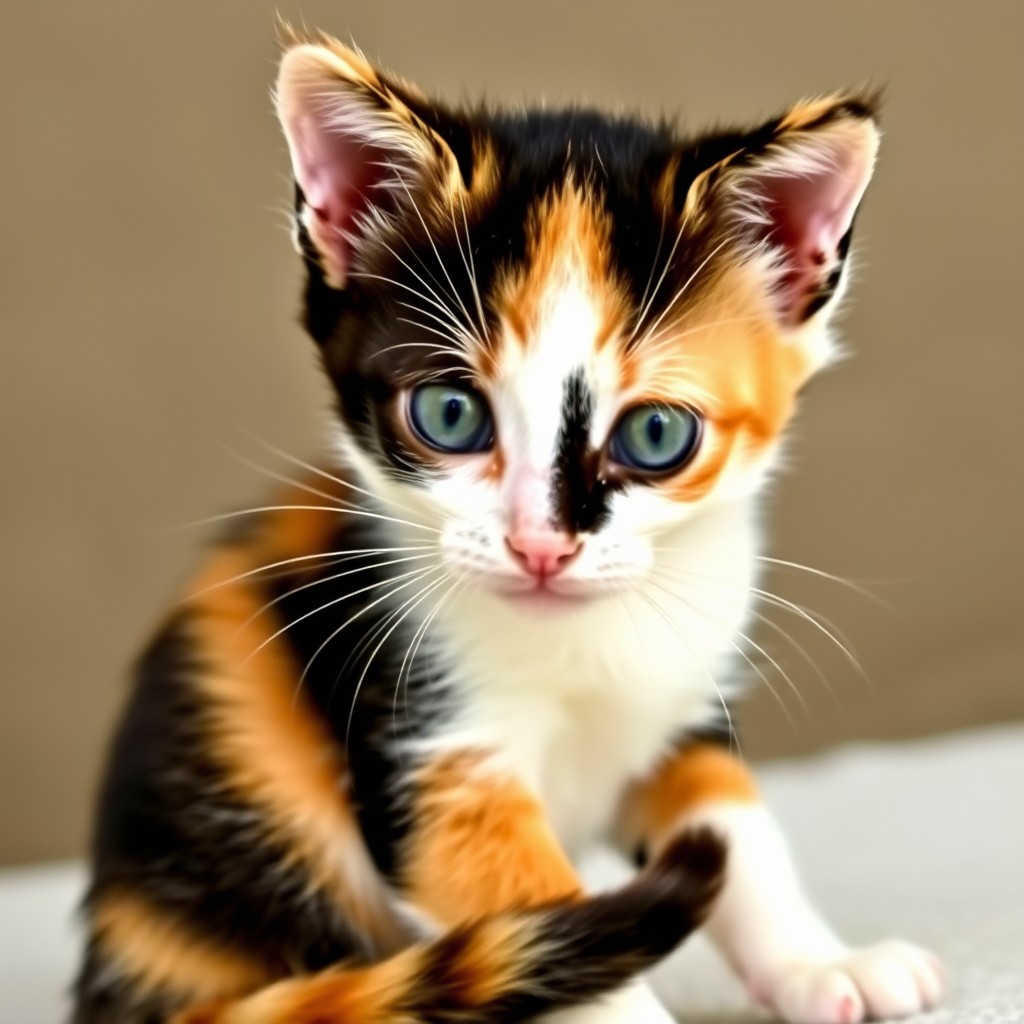 A cute calico kitten with striking blue eyes gazes intently, displaying its distinct black, orange, and white fur.