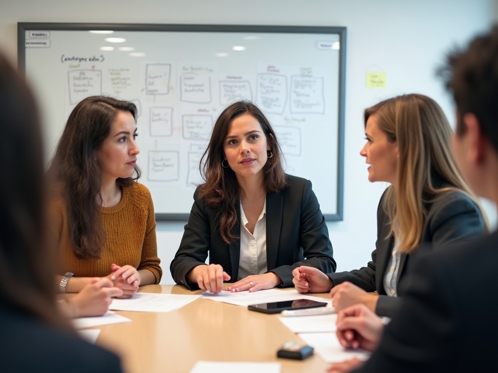 A professional business meeting showing diverse team members in a modern office setting, with a focus on collaboration and exchange of ideas.