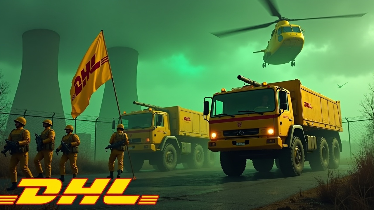 In a dramatic scene, several large yellow armored trucks, equipped with double-barrel roof mounted cannons, are driving towards a fence. The trucks prominently display the DHL logo on their sides. Nearby, soldiers dressed in matching yellow uniforms march together, some carrying rifles. One soldier proudly holds a large flag featuring the DHL logo. In the background, the distinctive smokestacks of a nuclear power plant glow green against the ominous sky. Above, a large yellow Chinook CH-47 helicopter creates tension in the atmosphere. The scene is set to evoke a sense of urgency and intensity.