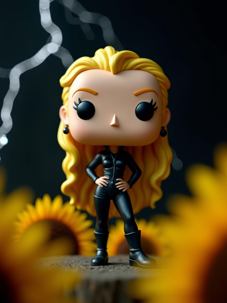 A stylized pop vinyl figure with long blonde hair and a black outfit standing in front of sunflowers, set against a dark, stormy background with lightning.