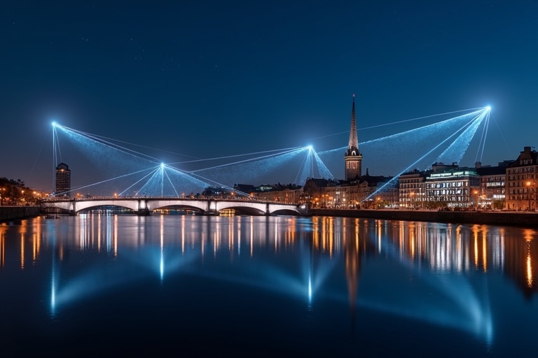 Dublin skyline captured at night showing wireless connection beams illuminating the skyline. The River Liffey reflects the lights from nearby buildings and the bridge.