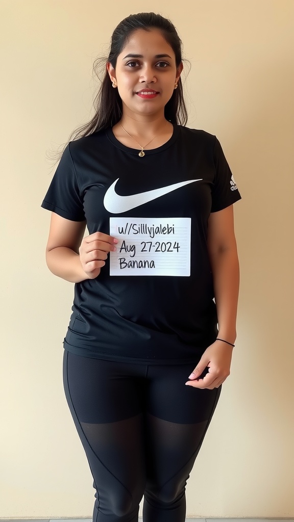 The image features a person standing against a plain wall, holding a sign that includes handwritten text. The individual is casually dressed in a black Nike t-shirt and black leggings, suggesting a sporty or fitness-oriented context. The expression is neutral and calm, contributing to a relaxed and approachable atmosphere.