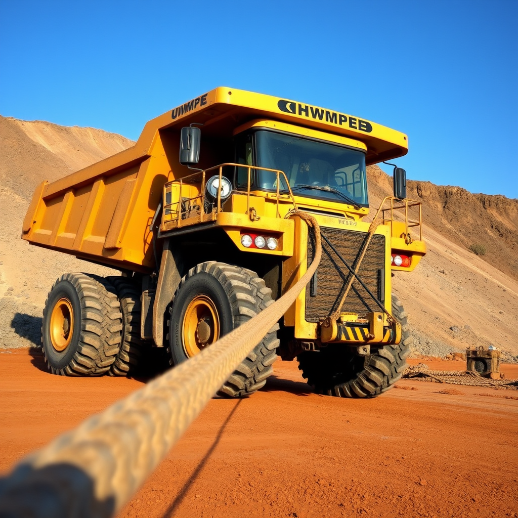 A large yellow mining truck is seen in a desert landscape with a heavy rope attached to its front.