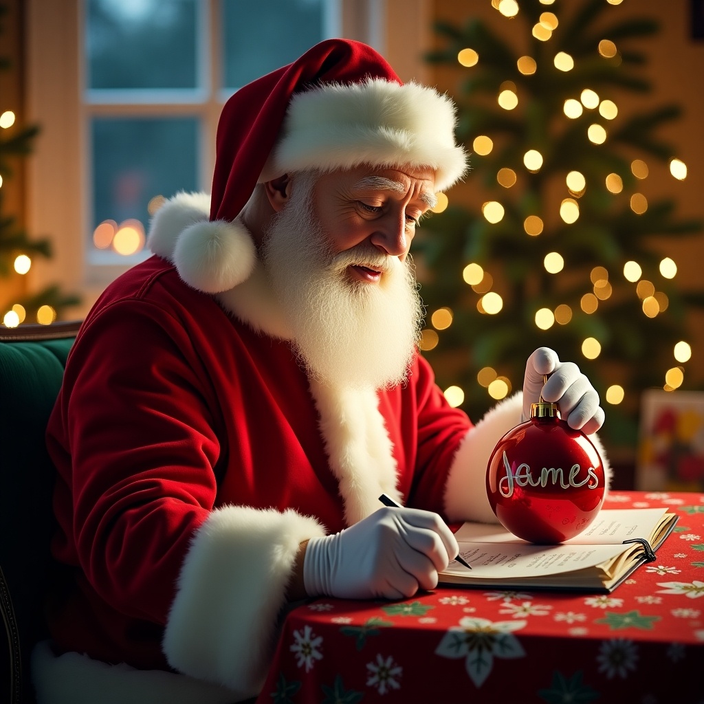 A charming scene of Santa Claus writing. He is dressed in his traditional red outfit with white fur trim. The scene is set in a cozy room decorated for Christmas. Santa is focused on writing on a red bauble that says 'James.' Behind him are Christmas lights twinkling softly. A beautifully decorated Christmas tree is visible in the background, completing the festive atmosphere. The table is adorned with a vibrant holiday tablecloth, adding to the seasonal cheer.