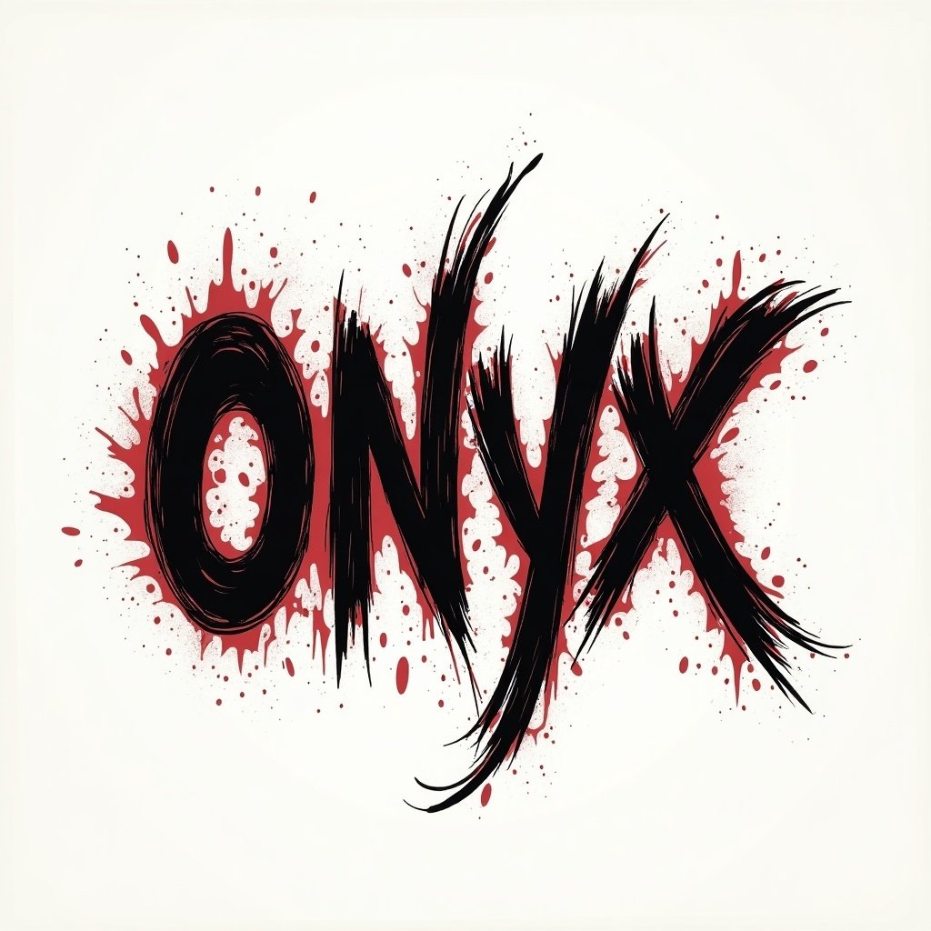 Cursive font artwork featuring the word ONYX. Bold and expressive design with graffiti style. Strong black letters with red splashes around.