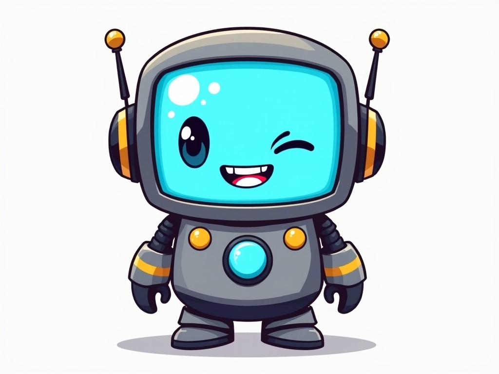 The image features a cartoon-like robot with a bright blue screen for a face. It displays a cheerful winking expression, creating a friendly atmosphere. The robot's body is rounded and metallic gray, accented with orange and yellow details. A central blue button adds to its whimsical design. The robot has small limbs and is depicted in a fun, approachable style, perfect for children's media.