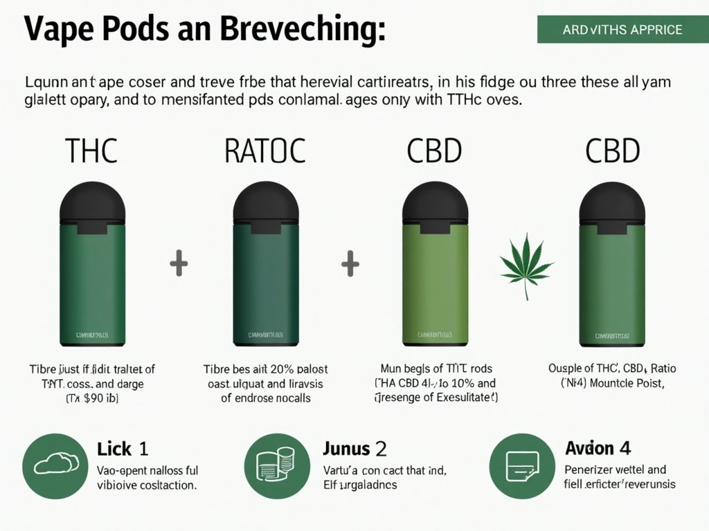 The image presents a variety of vape pods arranged neatly on a wooden background. It highlights the differences between THC, RATOC, and CBD pods, with annotations explaining their features. Each pod is stylishly designed, with a sleek appearance. There are graphical elements that depict their respective benefits. Additionally, there's an emphasis on responsible use and education related to these products. This image serves as a useful reference for both consumers and enthusiasts in the cannabis community.