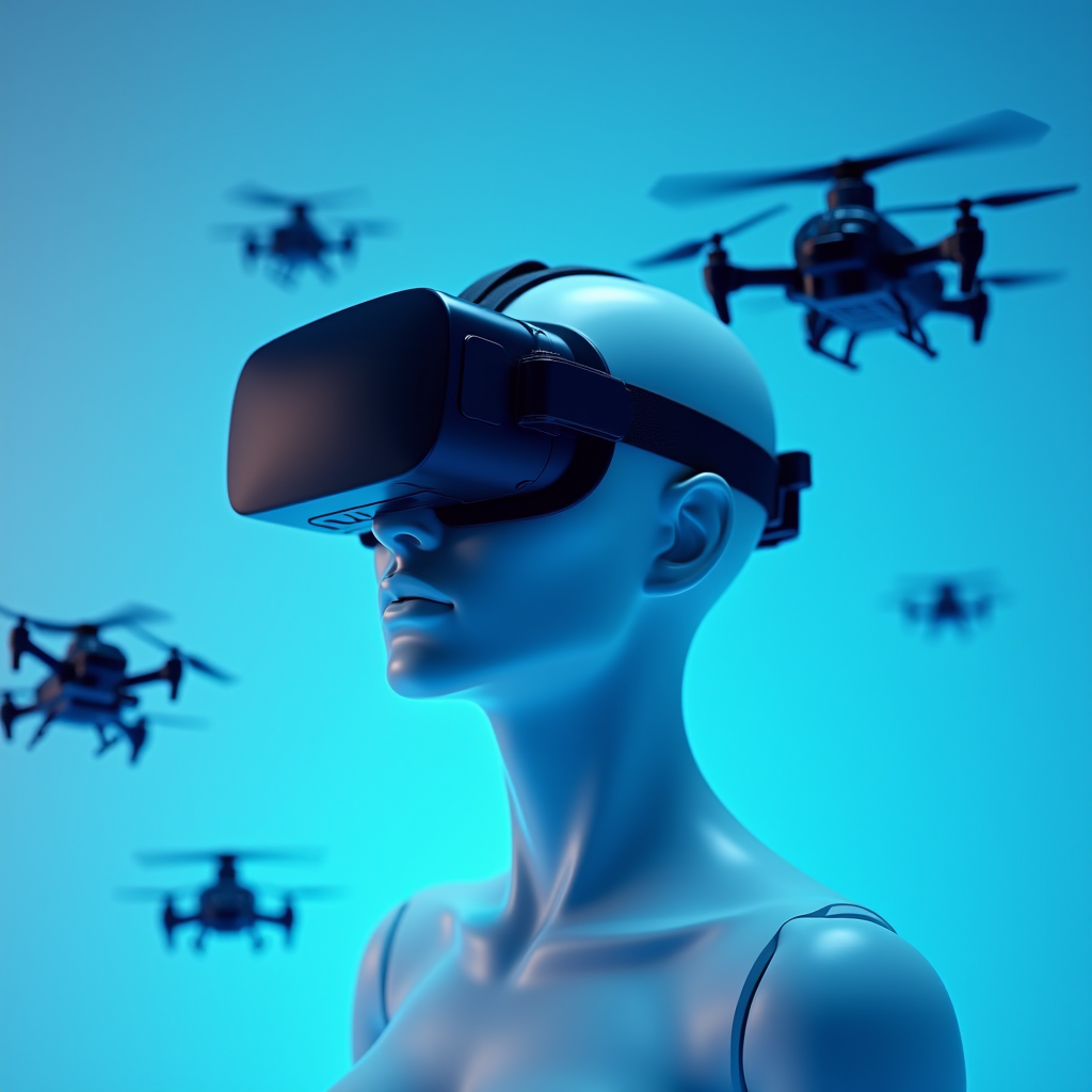 A digital rendering of a humanoid figure wearing a VR headset surrounded by flying drones.